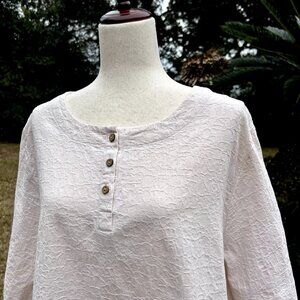 Women’s Textured Button Front Blouse 2XL Linen Blend Minimalist Top Peasant
